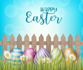 Easter egg and wood fence with grass vector