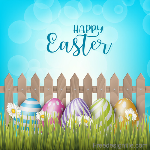Easter egg and wood fence with grass vector