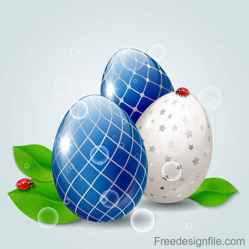 Easter egg with green leaves and ladybug vector 02