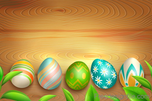 Easter egg with green leaves and wood background vector