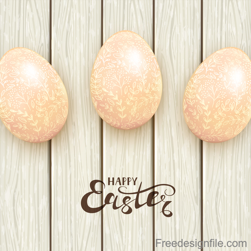 Easter eggs with floral pattern on white wooden background vector