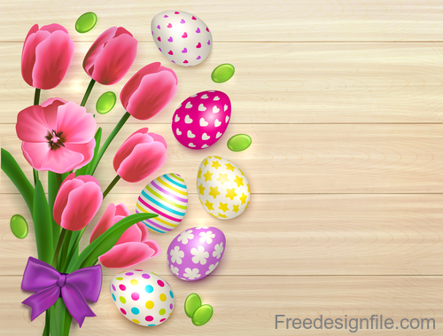 Easter flower with colored egg and wooden background vector
