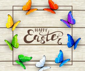 Easter lettering and butterflies on white wooden background vector