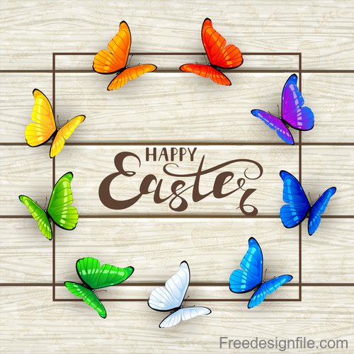 Easter lettering and butterflies on white wooden background vector