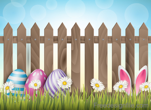 Easter spring background with wooden fence vector 01