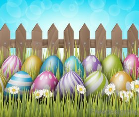 Easter spring background with wooden fence vector 02