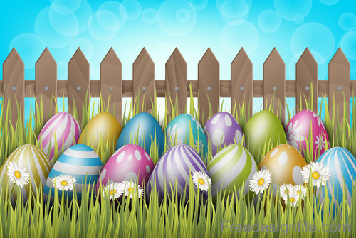 Easter spring background with wooden fence vector 02