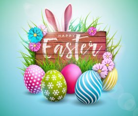 Easter wood board sign with easter egg vector