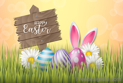 Easter wooden sign with colored egg design vector 01