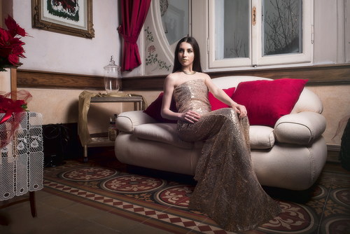 Elegant noble woman sitting on the couch Stock Photo