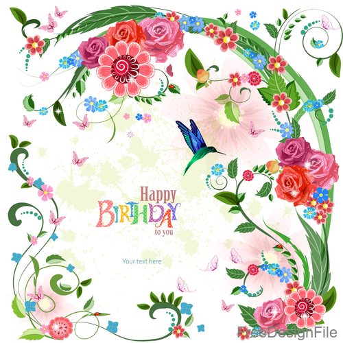 Floral birthday card template vectors 01