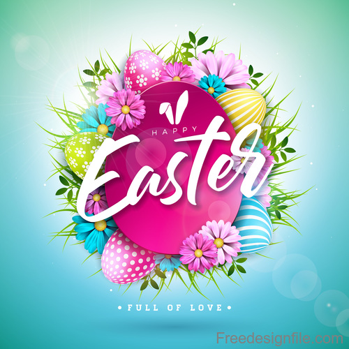 Flower with easter card template vector 01