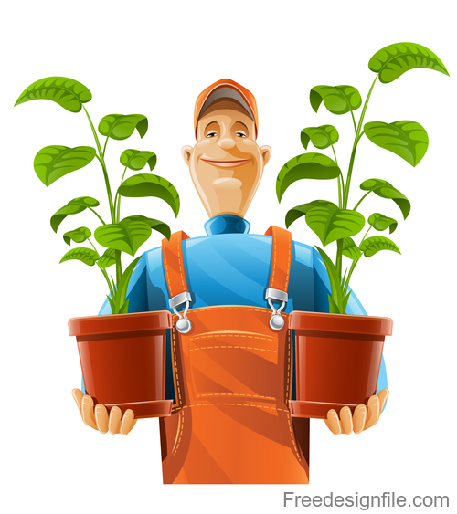 Gardener and flower pot vector