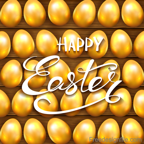 Golden Easter eggs on wooden background vector