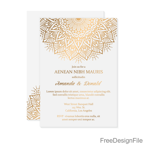 Golden decor ornaments with wedding invitation card template vector 02