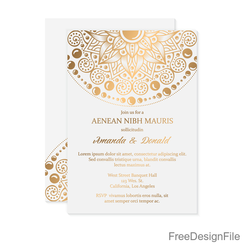 Golden decor ornaments with wedding invitation card template vector 03