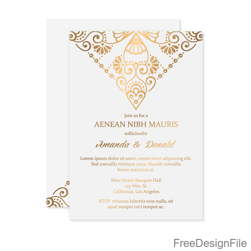 Golden decor ornaments with wedding invitation card template vector 01