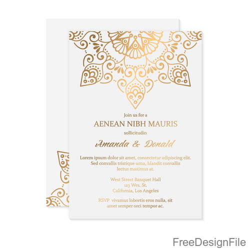 Golden decor ornaments with wedding invitation card template vector 05