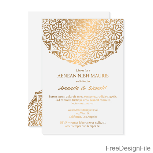 Golden decor ornaments with wedding invitation card template vector 06