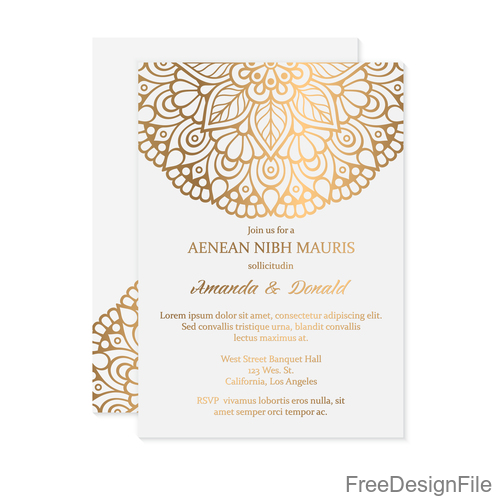 Golden decor ornaments with wedding invitation card template vector 07