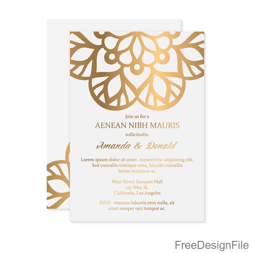 Golden decor ornaments with wedding invitation card template vector 09