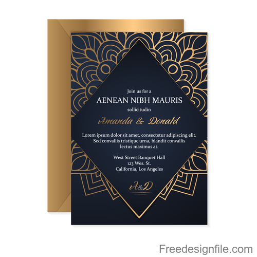 Golden decor wedding invitation card vector 01