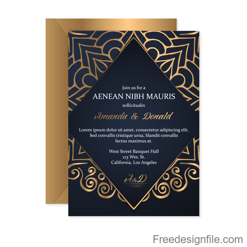 Golden decor wedding invitation card vector 02