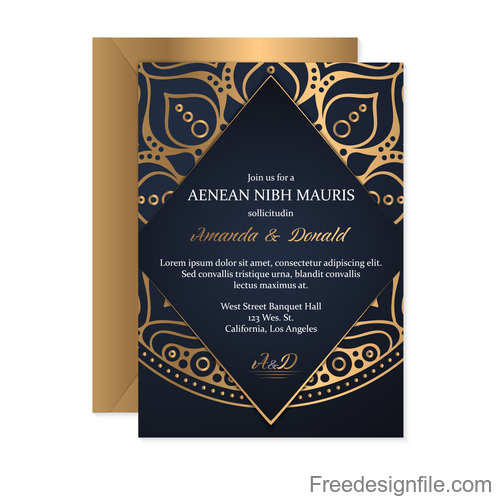 Golden decor wedding invitation card vector 03