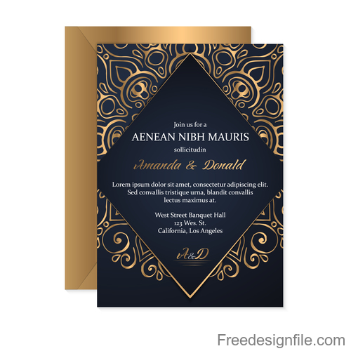 Golden decor wedding invitation card vector 05
