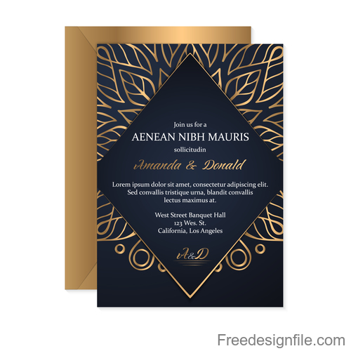 Golden decor wedding invitation card vector 06
