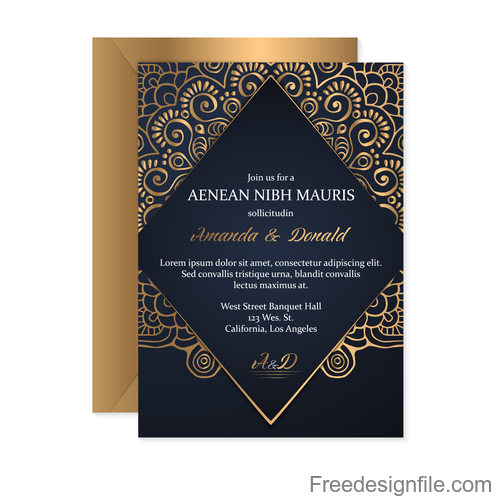 Golden decor wedding invitation card vector 07