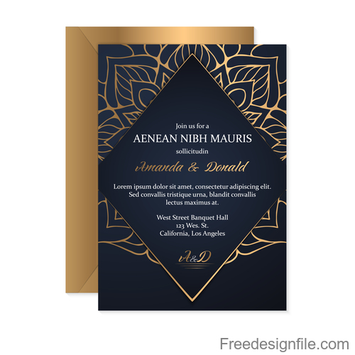 Golden decor wedding invitation card vector 08