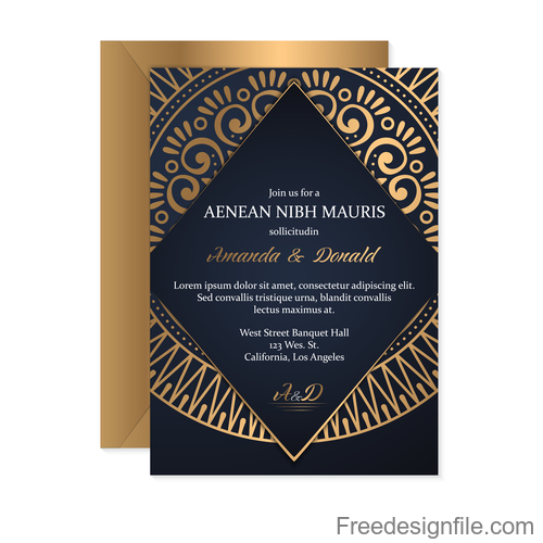 Golden decor wedding invitation card vector 09
