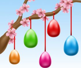 Hanged Easter Eggs On Cherry Branch vector
