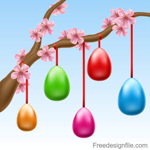 Hanged Easter Eggs On Cherry Branch vector