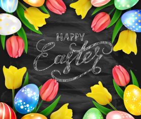 Happy Easter on black chalkboard background with eggs and tulips vector