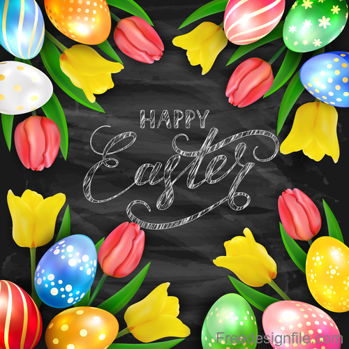 Happy Easter on black chalkboard background with eggs and tulips vector