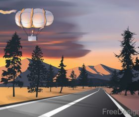 Hot balloon with sunset landscape vector