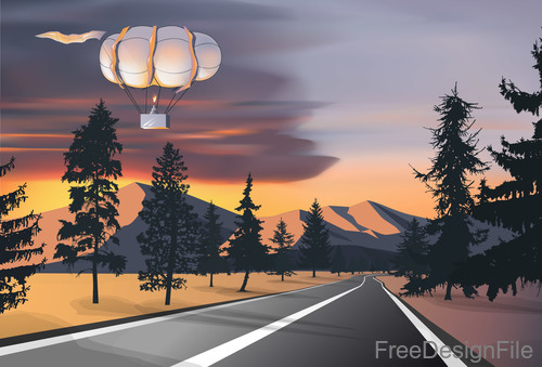 Hot balloon with sunset landscape vector
