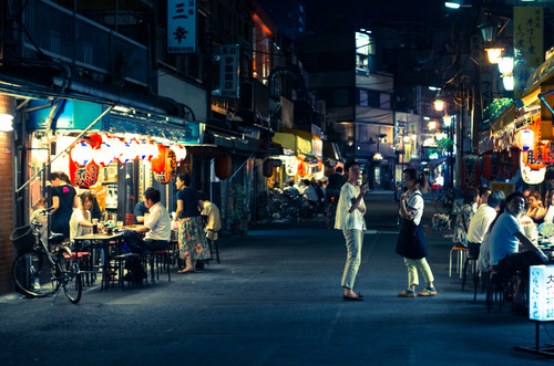 Japanese street scene at night Stock Photo
