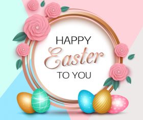 Pink flower with easter greeting card vector