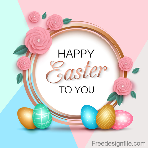 Pink flower with easter greeting card vector