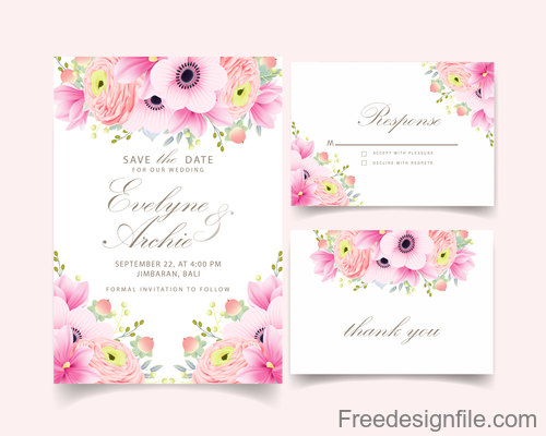 Pink flower with wedding invitation card template vector 01
