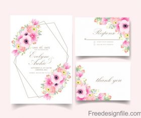 Pink flower with wedding invitation card template vector 02