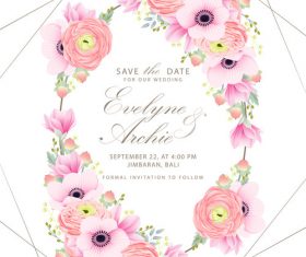 Pink flower with wedding invitation card template vector 03