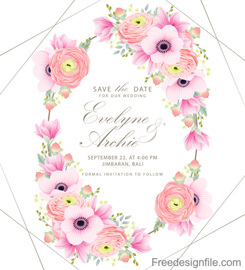 Pink flower with wedding invitation card template vector 03