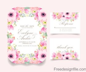 Pink flower with wedding invitation card template vector 04