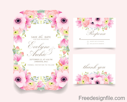 Pink flower with wedding invitation card template vector 04