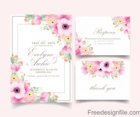Pink flower with wedding invitation card template vector 05