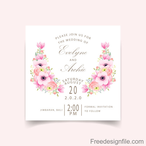 Pink flower with wedding invitation card template vector 06